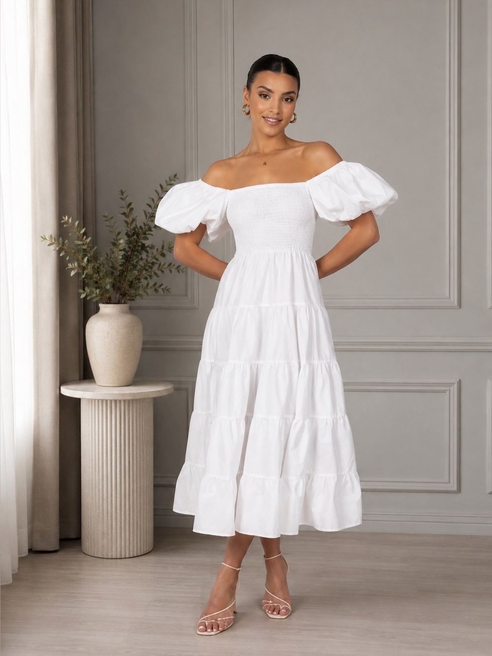 Petal & Pup Annette Puff Sleeve Shirred Midi Dress Small B409
